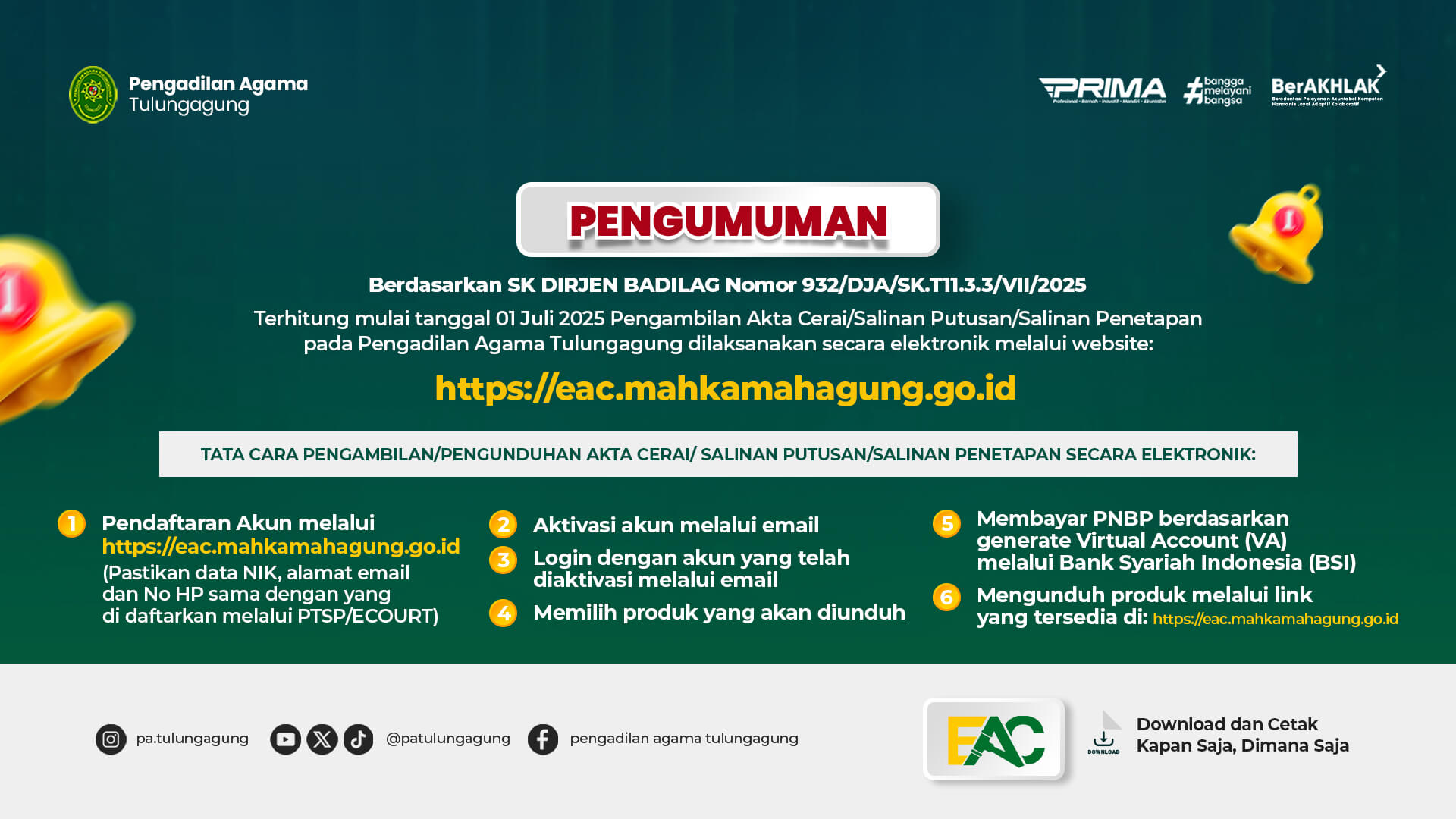 Berdasarkan SK Badilag No 932/DJA/SK.TI1.3.3/VII/2025 Pengadilan Agama Tulungagung Telah Menerapkan Aplikasi EAC (Elektronik Akta Cerai).